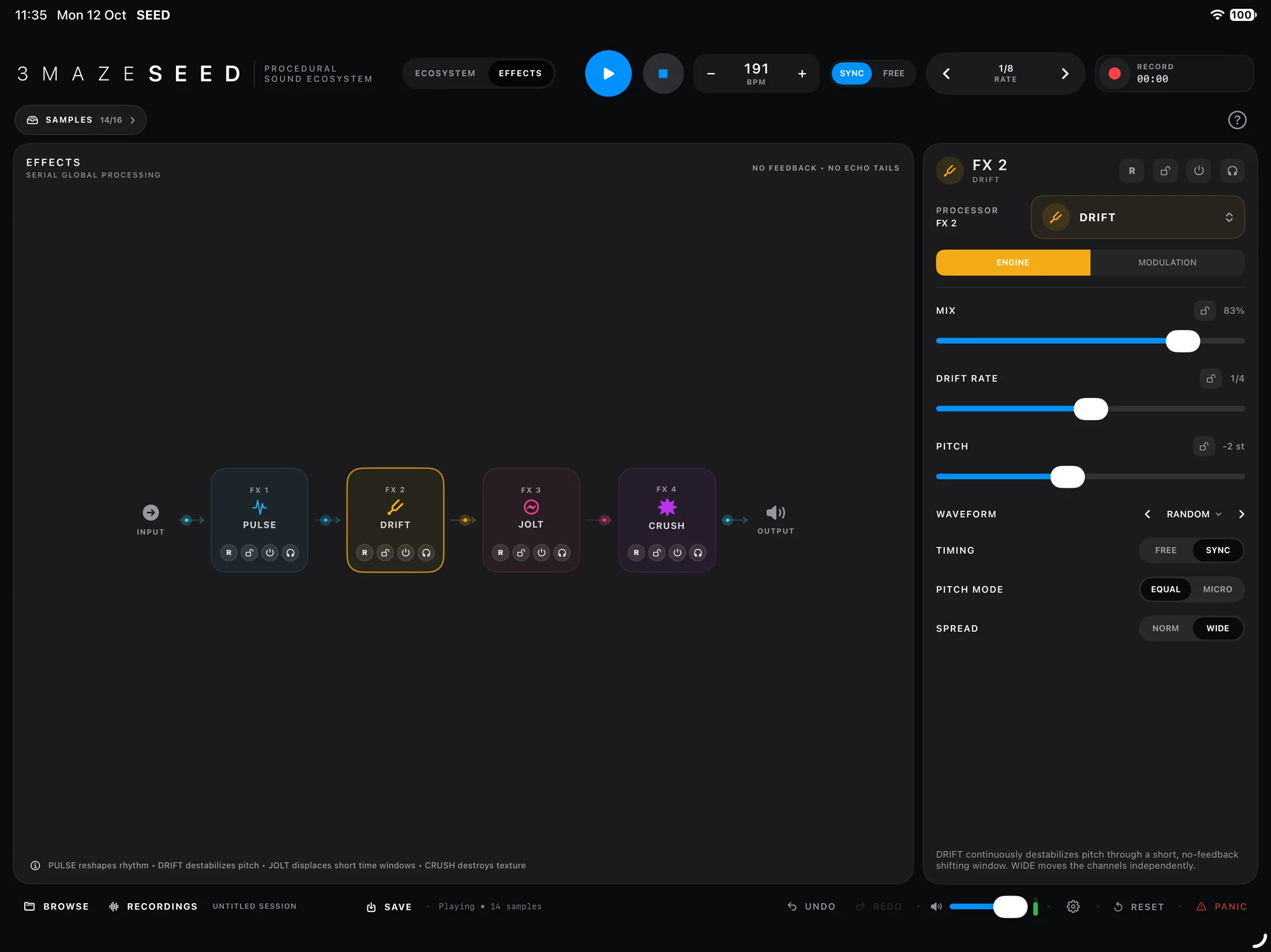 SEED in dark mode showing the effects chain: PULSE, DRIFT, JOLT and CRUSH in a row, with the DRIFT controls open.