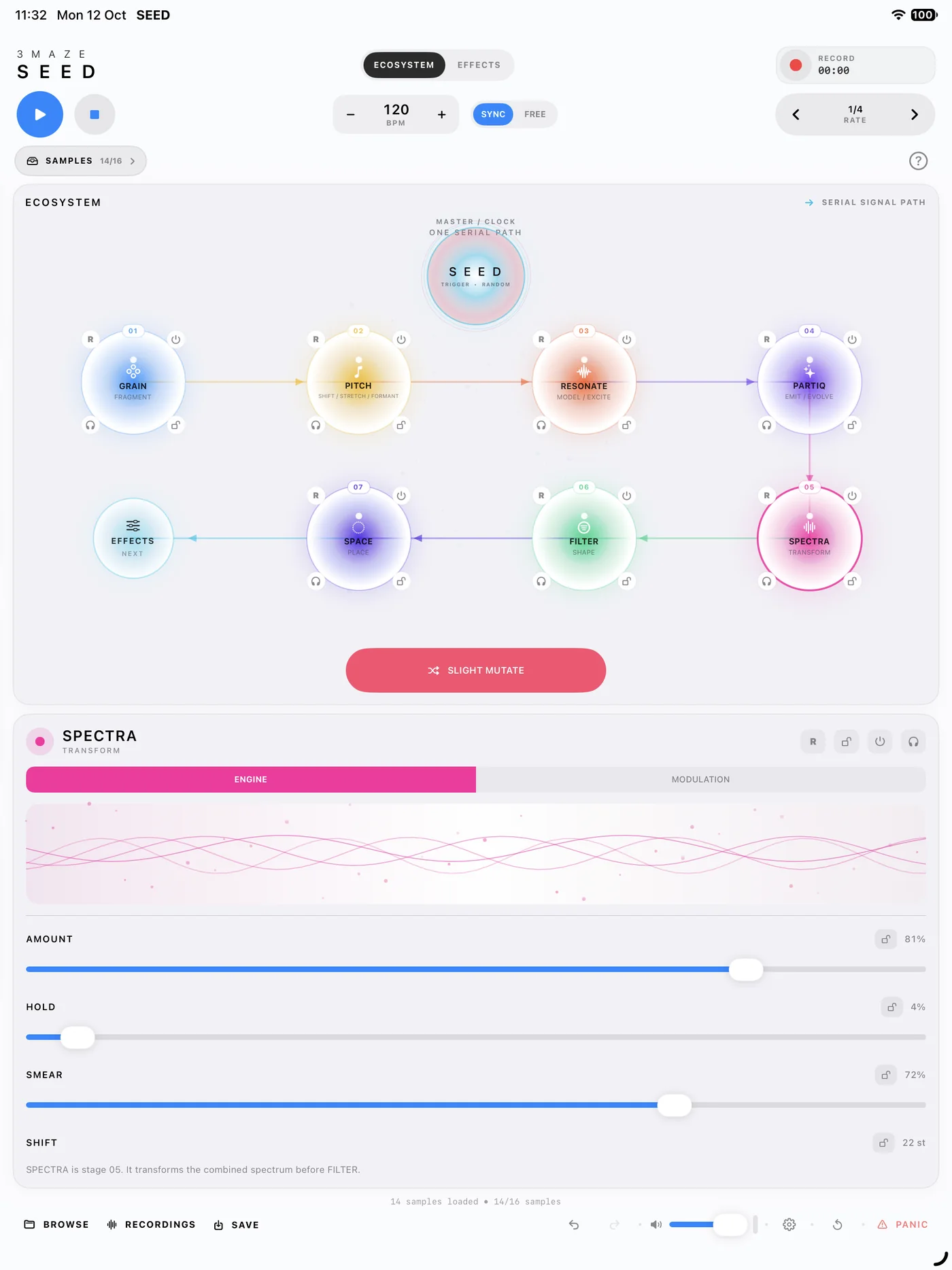 SEED in portrait on iPad, with the ecosystem above and the SPECTRA controls below.