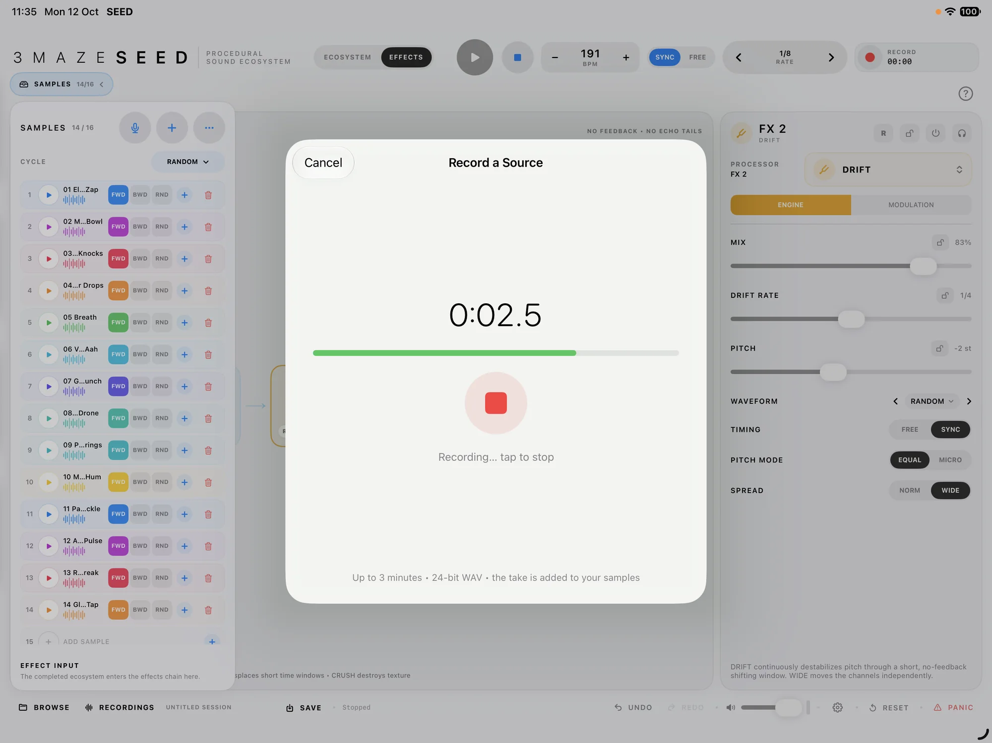 The Record a Source window in SEED, recording from the microphone with a timer at 2.5 seconds and a level meter.